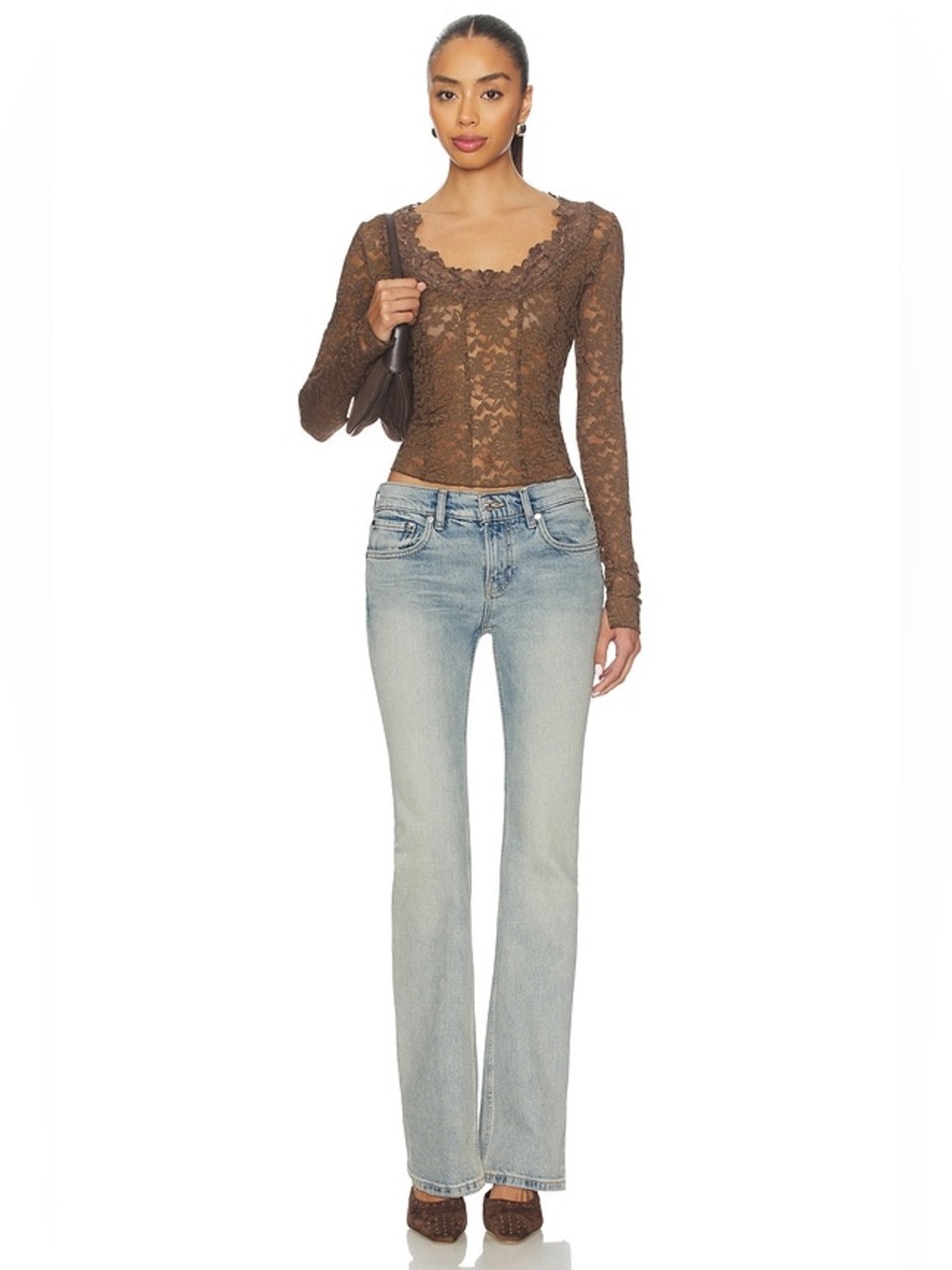 INTIMATELY FREE PEOPLE BROWN LACE ALL NIGHT LONG SLEEVE SHEER TEAK TOP SZ S - Picture 7 of 8